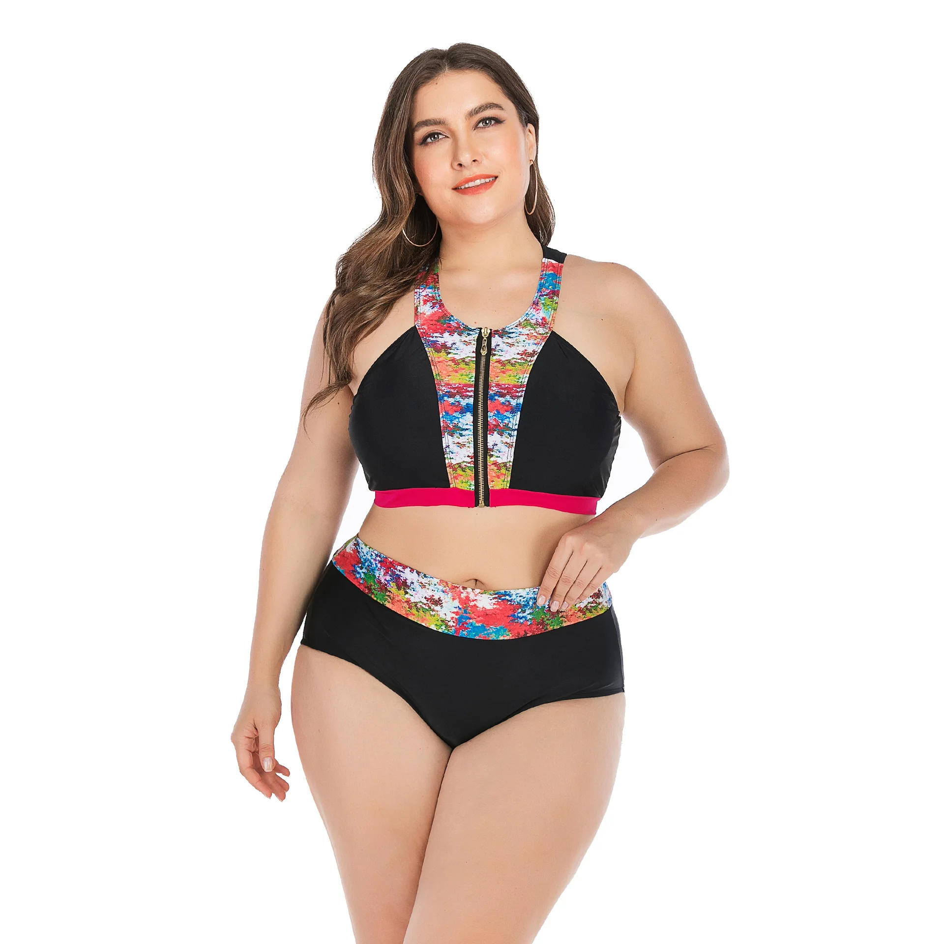 

2020 New Style Europe And America Printed Large Size Split Type Bikini Bathing Suit Sexy Zipper WOMEN'S Swimsuit