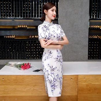 

FZSLCYIYI Chinese Traditional qipao Dress Printing Short Cheongsam Women Slim Retro Daily Elegant Satin Cheongsam
