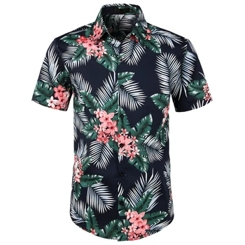 

2020 Men Flower Leaves Pattern Printed Short Sleeve Shirts Casual Print Button Shirts Hawaiian Top Summer Male Slim Fit Clothing