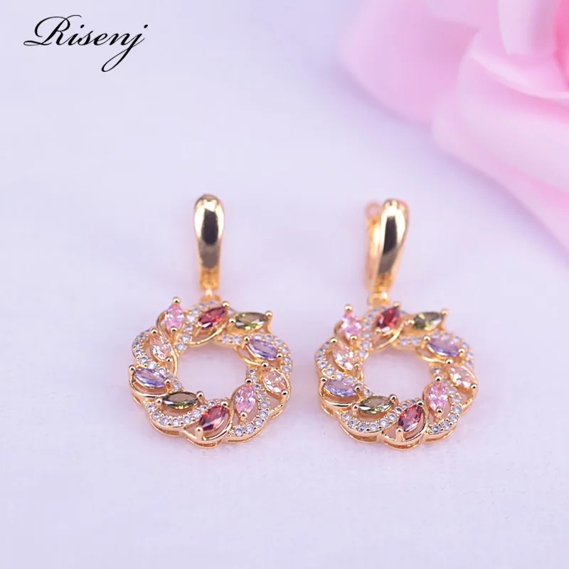 New Top Gold Color Flower & Lucky Circle Jewelry Set Multicolor Cubic Zircon Pendant/Earring/Necklace Women Wedding Jewelry Sets