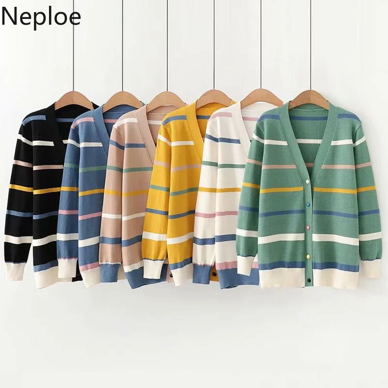 

Neploe 2019 Autumn Harajuku Cardigan Women Striped Rainbow Sweater Coat Female Loose Sweaters Student Kawaii Jumper Cardigans