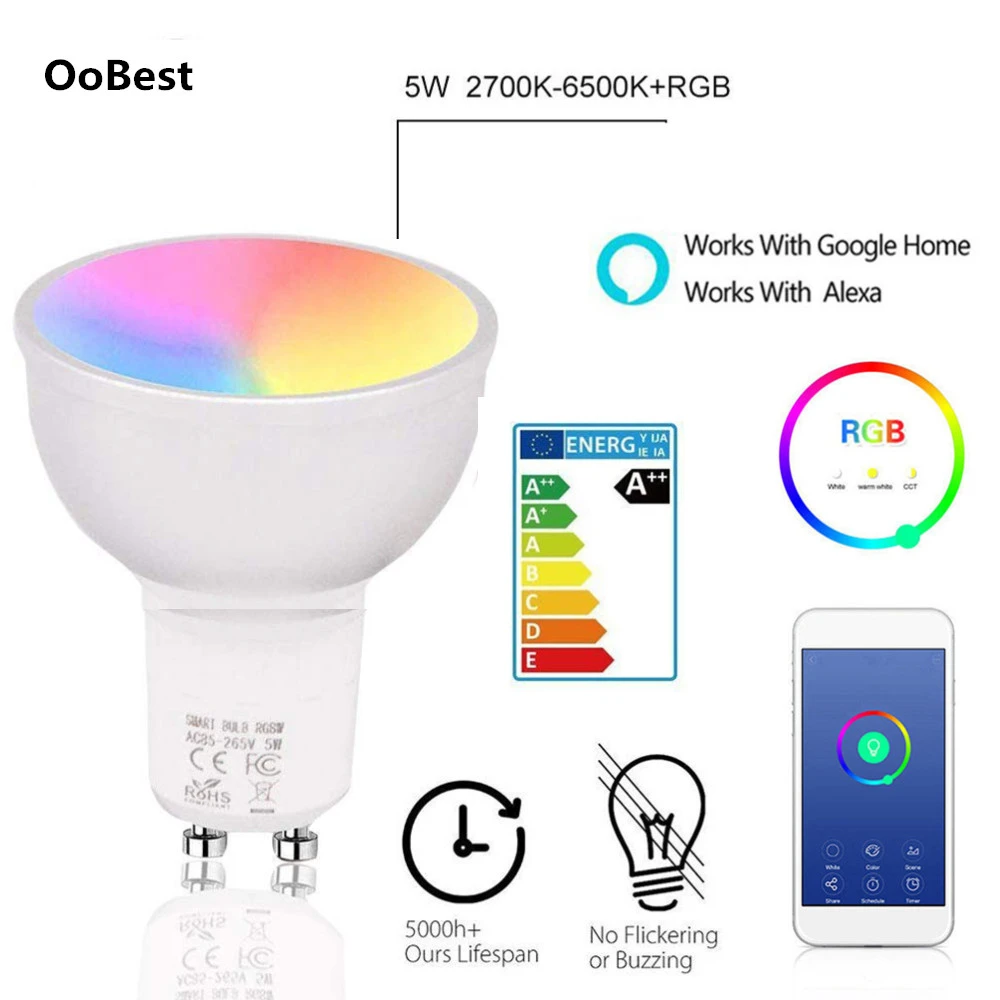 HOT~Smart Bulb WiFi GU10 RGBW 5W LED Dimmable Compatible w/ Alexa & Google Home
