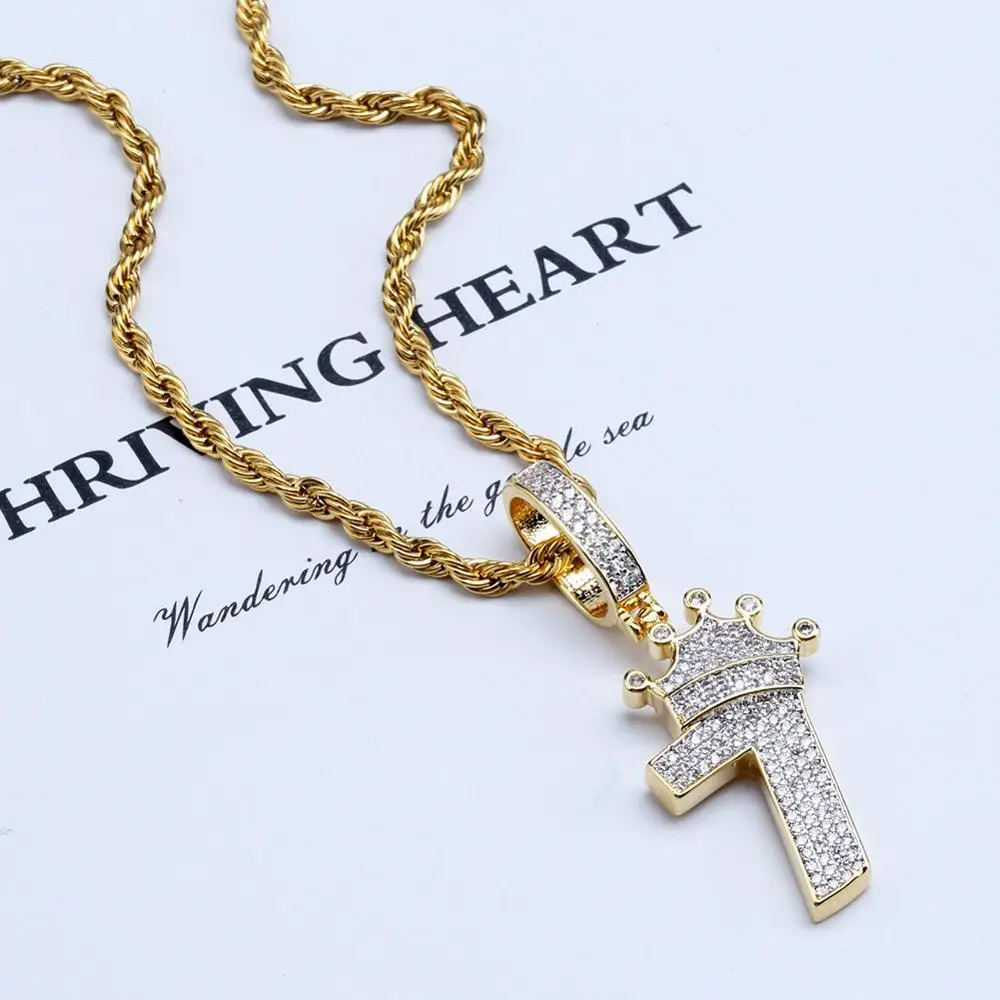 Хип хоп AAA кубический цирконий Bling Iced Out Золотая Корона номер 7 Подвески ожерелье для мужчин рэппер ювелирные изделия Прямая
