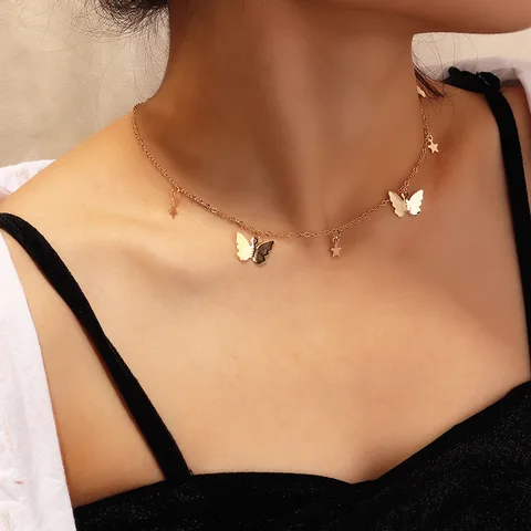 Lovely Butterfly Pendant Choker Necklace For Women Natural Stone Pearl Rhinestone Gold Silver Color Clavicle Chain Gift