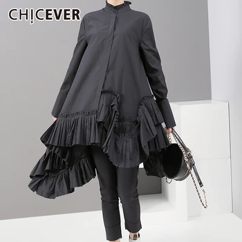 

CHICEVER Patchwork Ruffle Dresses Women Stand Collar Long Sleeve Oversize Asymmetric mini Dress Female Spring Clothes 2020 New