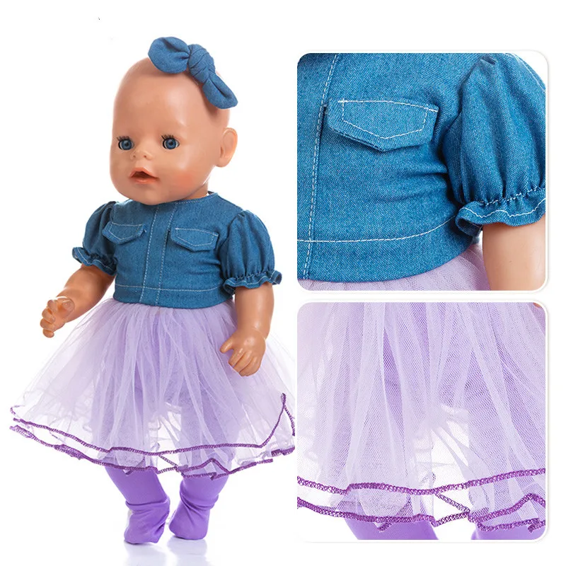 

Fit 17 inch Born New Baby 43cm Doll Clothes Accessories Green Denim Top Purple Yarn Skirt Suit For Baby Birthday Gift