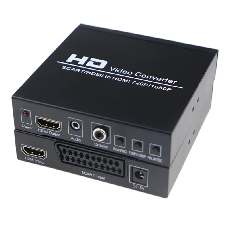Convertidor de vídeo PAL/NTSC SCART + HDMI a HDMI, caja 1080P Upscaler con salida de Audio