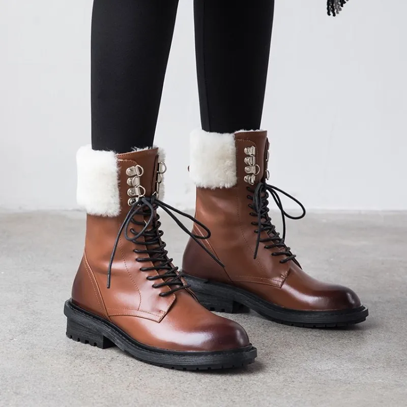 

US4-11 Womens Round Toe Genuine Leather Real Wool Sheep Fur Liner Warm Winter Thick Ankle Boots Retro Shoes Snow Punk Plus Size