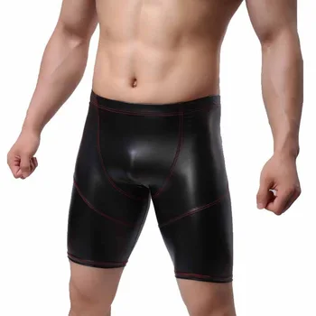

New Style Men Tight Sports Patent Leather Shorts Faux Leather Medium Waist Skinny Gladiator Fitness Training Running Shorts