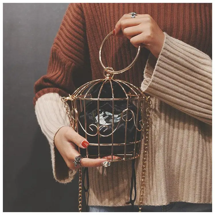 Модная индивидуальная вышивка крючком металлическое кольцо клетка сумка для прогулок шоу Вечернее платье - Цвет: Черный