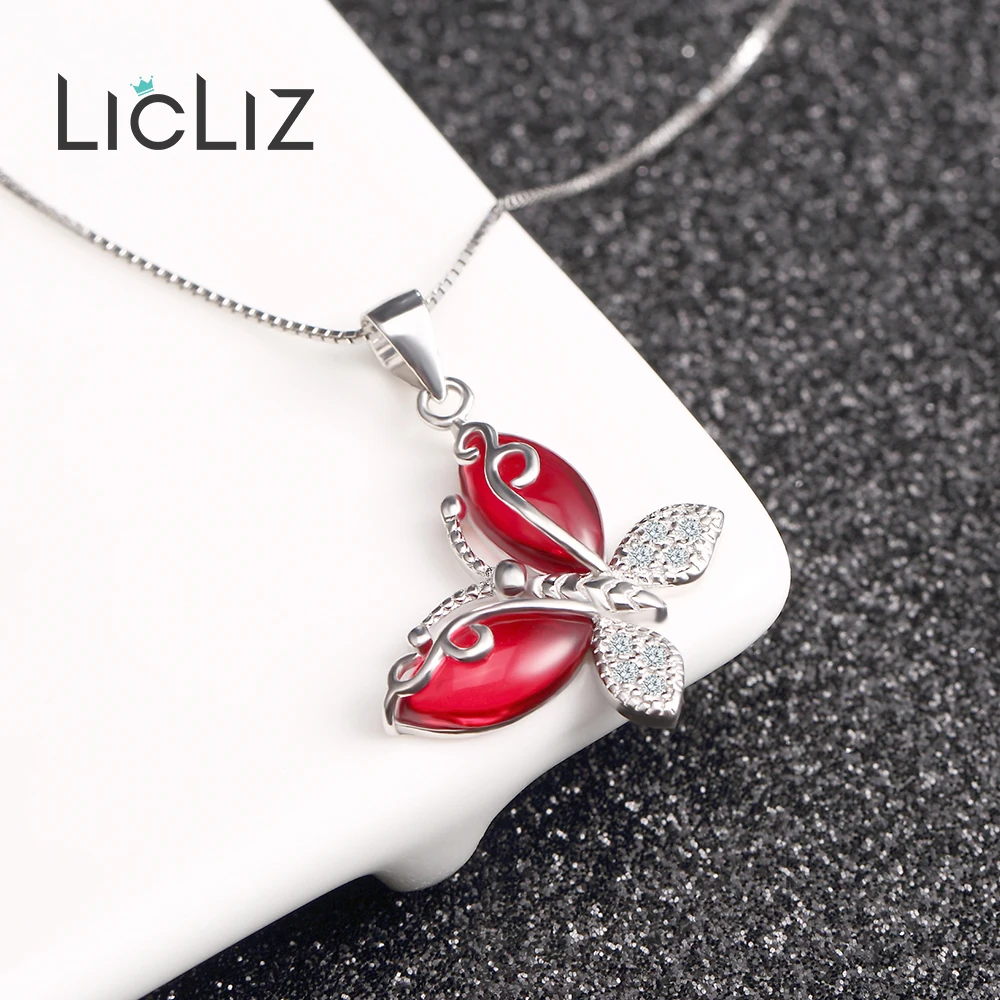 LicLiz, 925 пробы, серебряное ожерелье с бабочкой, Подвеска для женщин, ПАВЕ, циркон, сделай сам, красный, фиолетовый, кристалл, кварц, ювелирное изделие LP0243