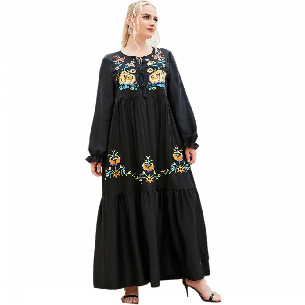 4XL Muslim Ladies Big Size Embroidered Long Dress Turkish Style Long Sleeve Dress 2021 Spring And Autumn New Leisure Dubai Abaya