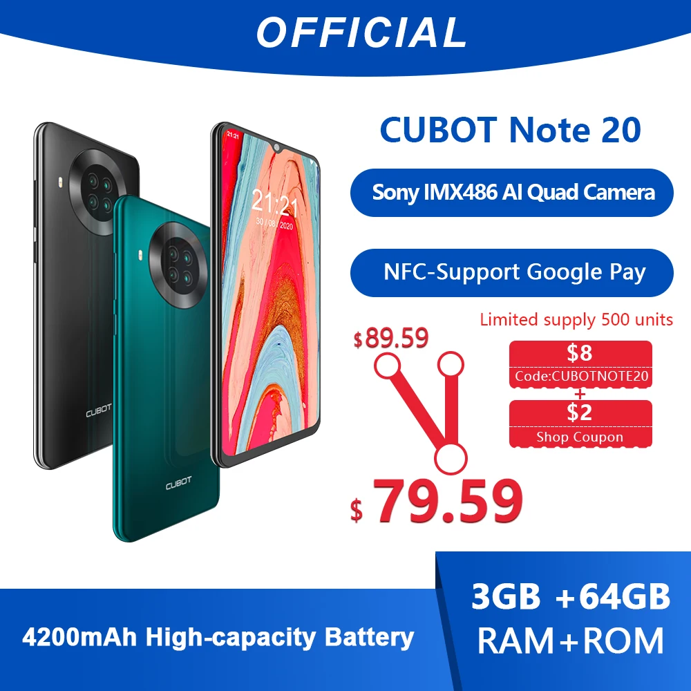 Cubot Note 20 Rear Quad Camera Smartphone NFC 6.5 Inch 4200mAh Google Android 10 Dual SIM Card Telephone 4G LTE 3GB+64GB celular|Cellphones| - AliExpress