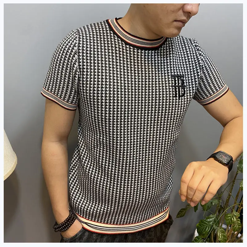 

Men plover grid pullovers short sleeve knit embroidery fashion sweaters personality of new fund of 2020 autumn winters is male