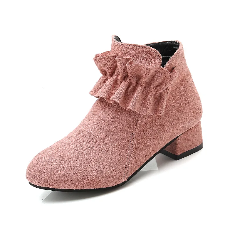 Детская обувь для девочек; сезон осень-зима; плюшевые теплые ботинки для девушек; цвет черный, красный, розовый; обувь принцессы на высоком каблуке; замшевые детские ботинки с оборками; CSH890 - Цвет: Pink Autumn