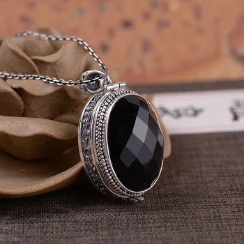 

100% 925 Silver Big Black Stone Lockets Pendant&Black agate Earrings Oval Openable Box Pendants Vintage Aroma Diffuser Pendant