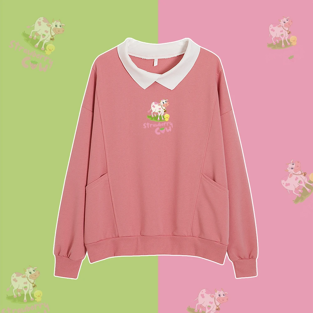 

Strawberry Cow Hoodie Graphic Hoodies Streetwear Kawaii Turn-down Collar Pink Cute Sweatshirts Women Collar Print Ulzzang Hoodie