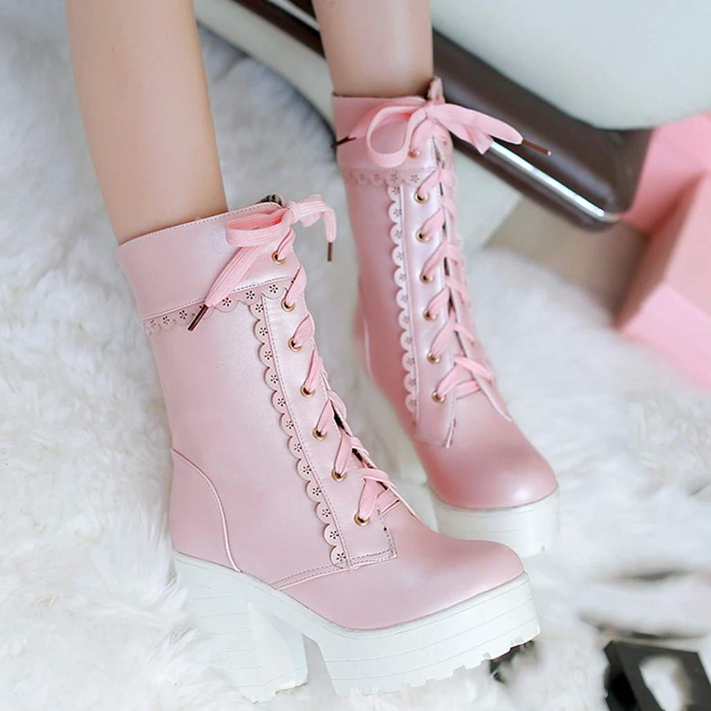 Agodorレースアップ冬の靴の女性のヒールブーツかわいいレースピンクブーツ靴ロリータブーツサイズ 34 43 Ankle Boots Aliexpress