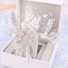 Большая Жемчужная Корона листья кристалл невесты корона серьги набор Изысканная Роскошная принцесса Корона головной убор