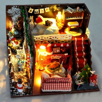 

Christmas House Figurines Miniature Dollhouse Kit Toys 3D Model Crafts Xmas New Year Home Kids Room Decoration Cute Gift