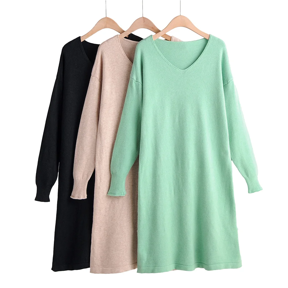 

2019 New Autumn Sweater Dress Women Jumper Pullover Casual Long V-neck Knitted Lantern Sleeve Loose Solid Female Dress