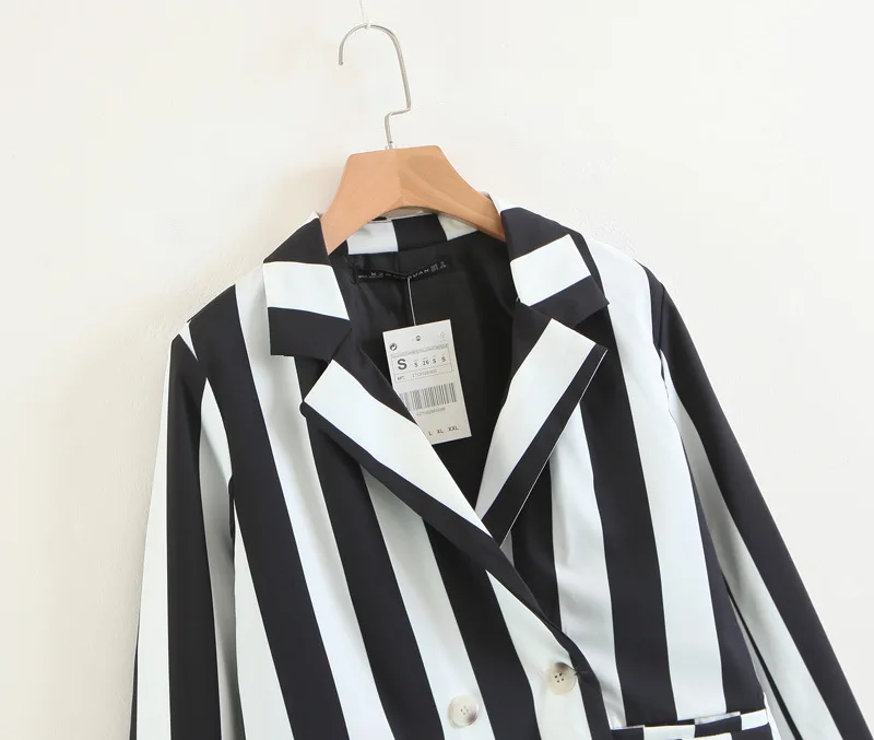

Europe And America Spring And Autumn New Style WOMEN'S Dress-Style Double Breasted Black And White Stripes Casual Small Suit Coa