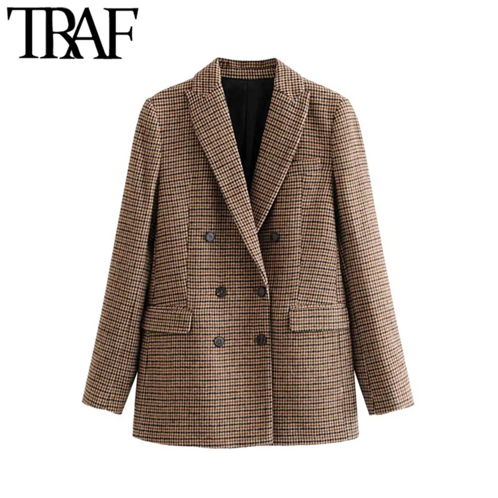 TRAF женский винтажный стильный двубортный твидовый блейзер с рисунком "гусиная лапка", модный пиджак с длинным рукавом, офисная одежда, верхняя одежда, шикарные топы