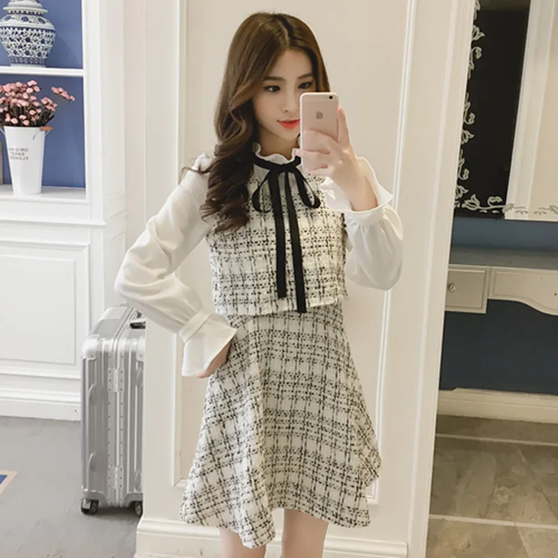

2019 Autumn New Women Plaid Tweed Patchwork Chiffon Long Sleeve Bow Stand Collar Dress Fake Two Piece Tweed Mini Dress Vestidos
