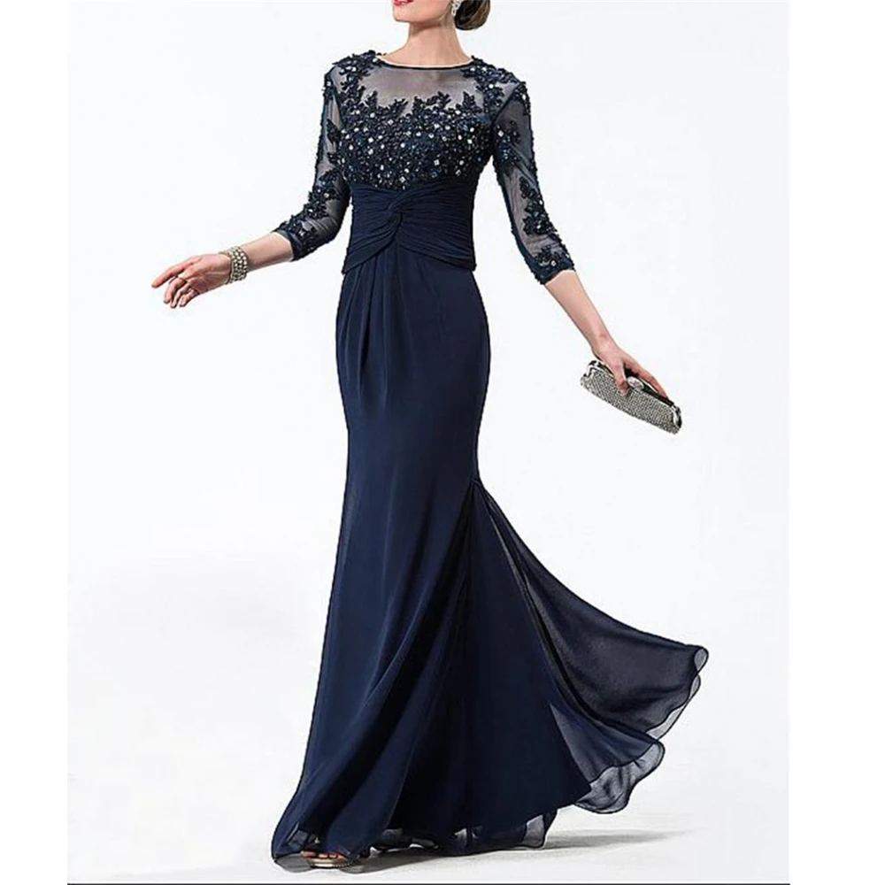 Dreamy 3/4 Sleeves Navy Blue Chiffon Mother Of The Bride a-Line Appliques Beading Full-Length Vestidos De Madrina