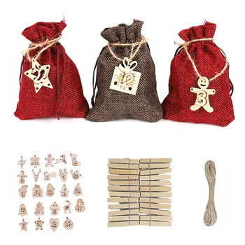 

Behogar 24 Days DIY Christmas Countdown Advent Calendar Burlap Drawstring Bag with Rope Wooden Clip Number Labels for Xmas Decor