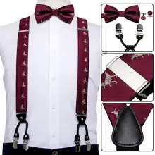 Men suspender Set Red Silk Bowtie Dinosaur Silk Tie 6 Clips Waist Belt Braces Vintage Men Elastic Wedding Suspenders Barry.Wang