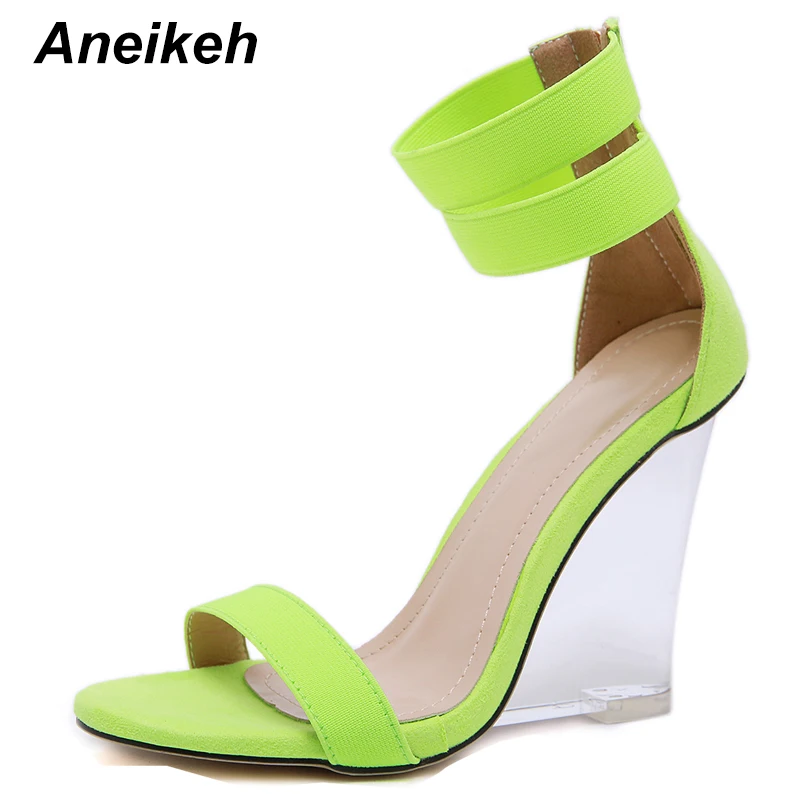 Aneikeh/женские босоножки на танкетке из искусственной кожи; сандалии-гладиаторы со стразами; туфли-лодочки с ремешком на лодыжке; туфли на высоком каблуке 10,5 см; модельные женские туфли на молнии с открытым носком