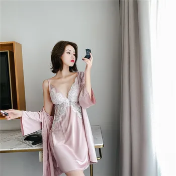 

Sexy Beautiful Back Hollow With Chest Pad Imitation Silk Pajamas Women's Suspenders Nightdress Two-piece Nightgown