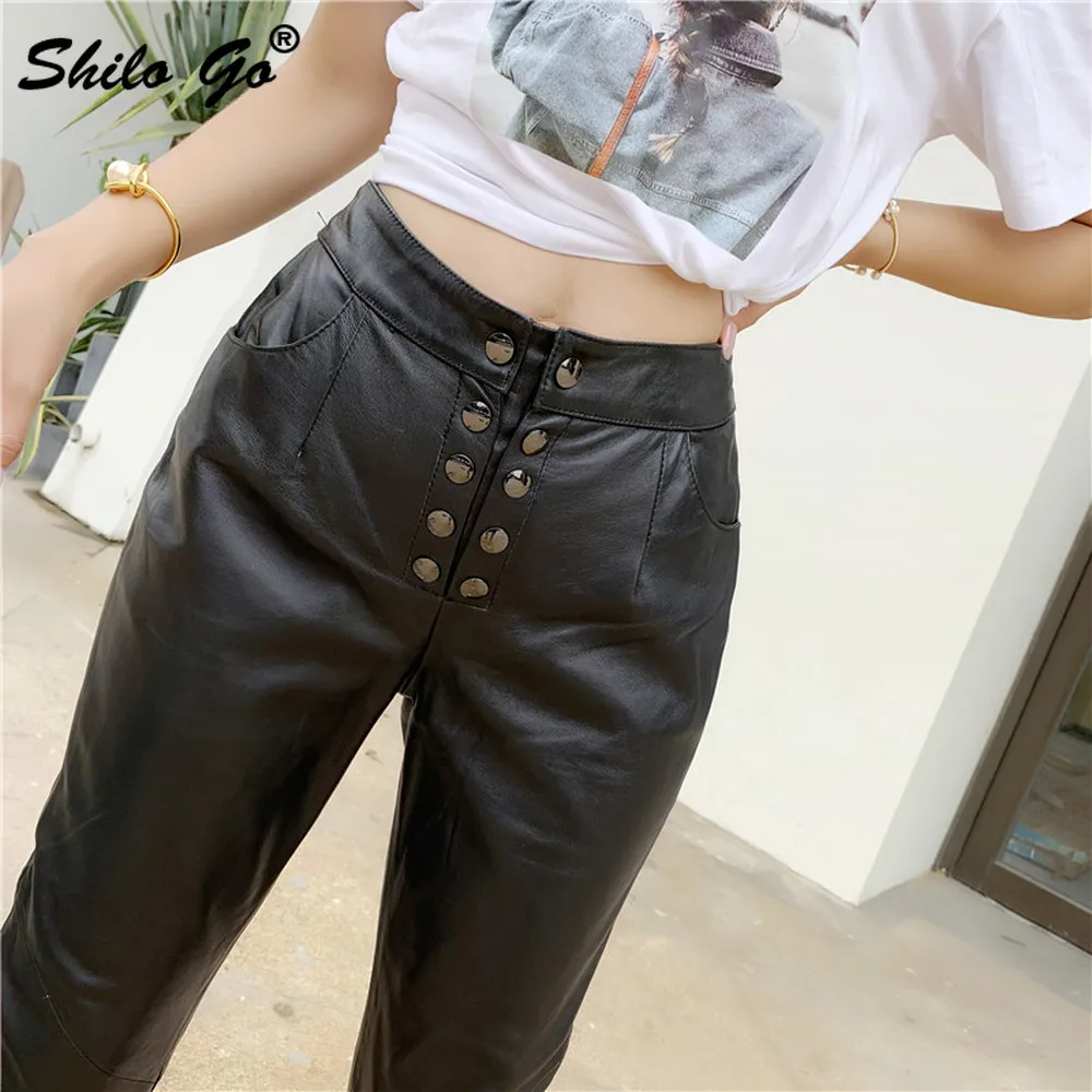 Genuine Leather Pants Double Breasted Front High Waist Sheepskin Straight Pants Women Autumn Winter Casual Minimalist Trousers