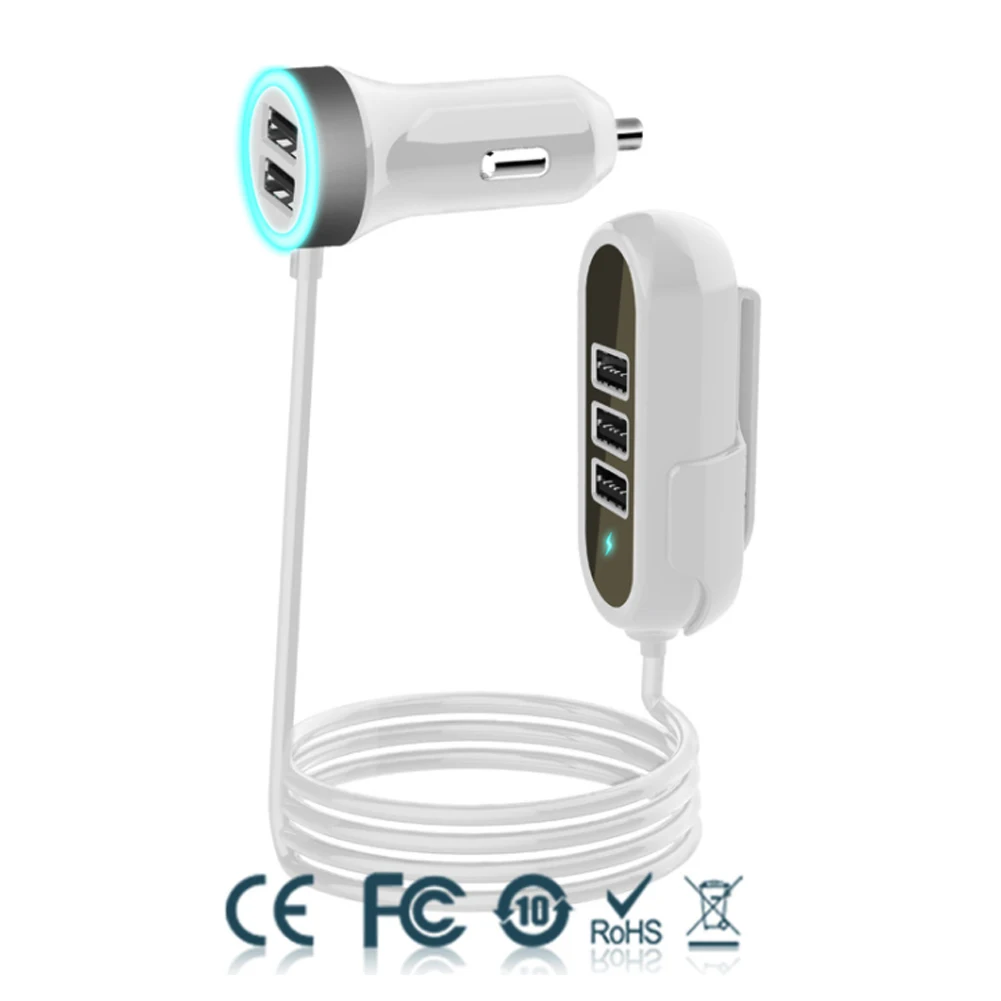 

5 Port USB Car Charger Front and Rear Seat QC 3.0 Car Charger Smart Adapter for Multiple Backseat Charging