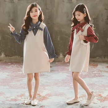 

Big Girl Long Sleeve Dress Children Autumn 2020 new Little Girls Dresses Kids Clothes Casual Dresses School Clothing Blue Red