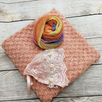

Clearance A Set 150*100cm Knitted Thin Fabric Backdrop Blanket+Stretch Knit wrap+Handcraft Girl Lace Hat for Newborn Shooting