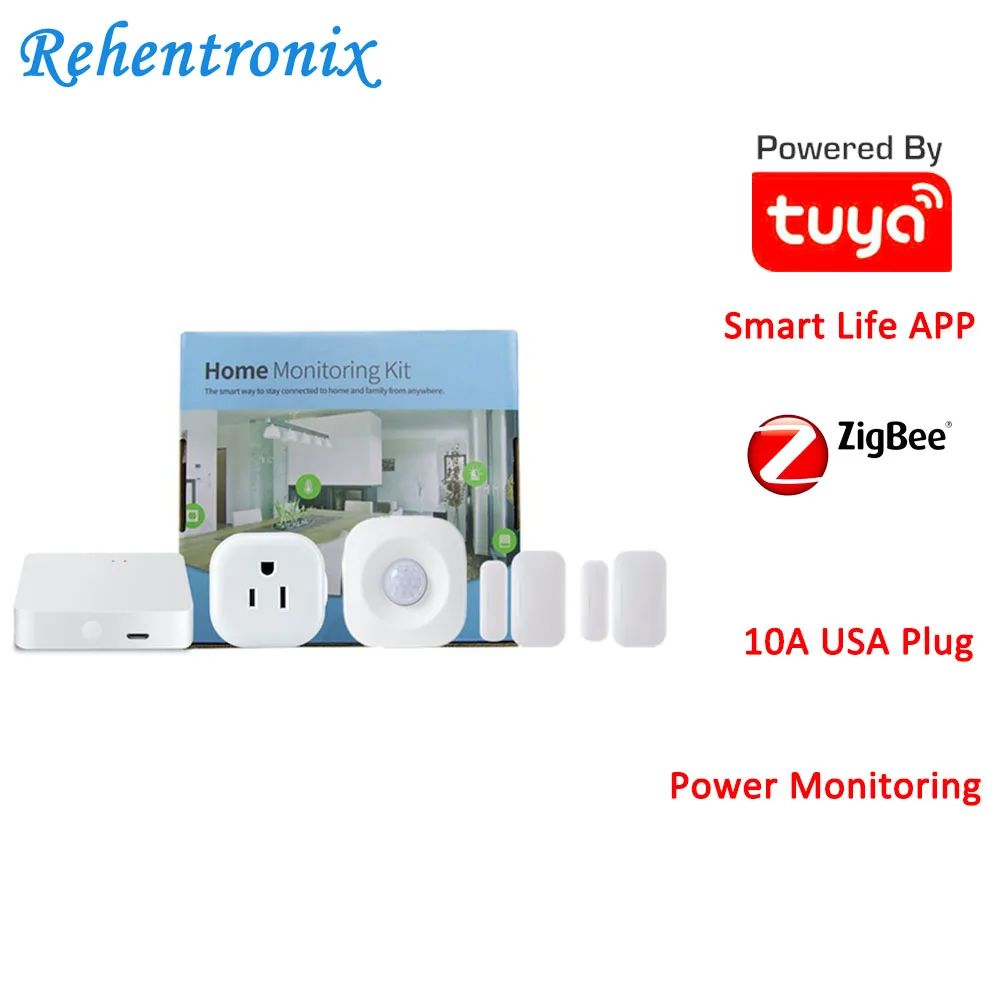 10A USA Type ZigBee Tuya Smart ZigBee Hub PIR Motion Detector Door Sensor Power Energy Smart Home Monitoring Kit