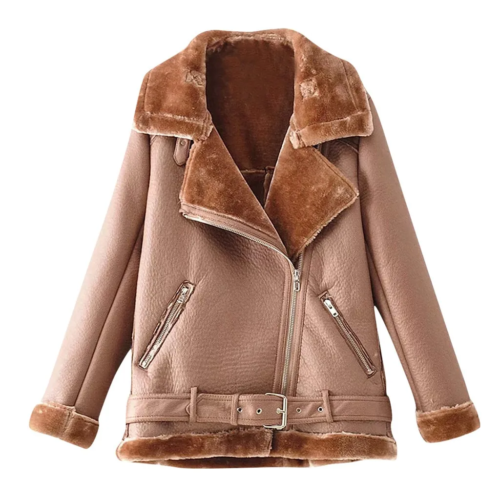 Khaki Куртка из искусственной кожи Pu, Женская куртка с длинным рукавом, однотонное пальто на молнии, с карманами, с отложным воротником, плюшевая куртка из искусственного меха, с поясом, черная верхняя одежда - Цвет: Khaki