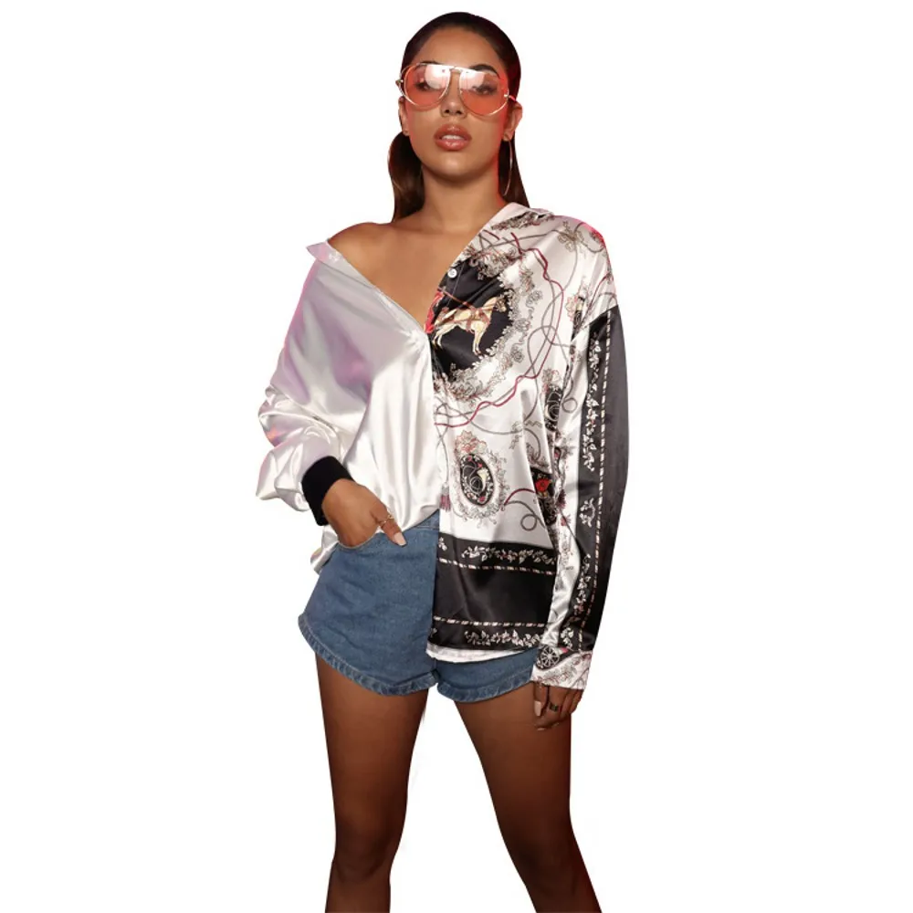 The New Ladies Casual Shirt Long Sleeve Loose Top Sexy Shirt Street Trend New Single Breasted Top Print V-neck Spring/Summer2021