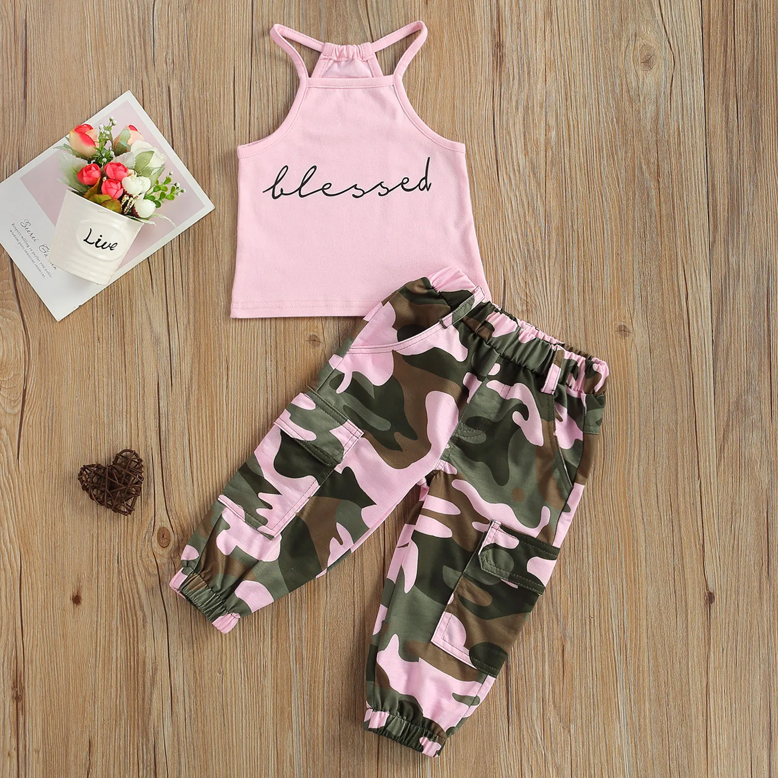Infant Kids Baby Girl&rsquo;s 2Pcs Clothes Set Sleeveless Letter Printed High Neck Halter Tops with Camouflage Printed Long Pants kids clothing set girls clothing set