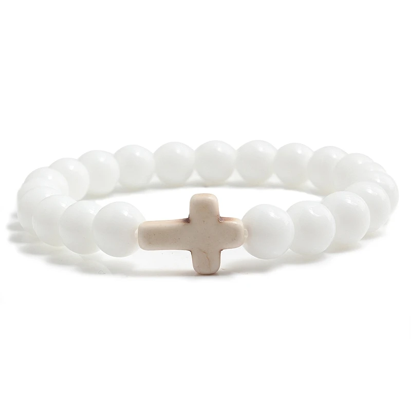 Natural Stone Bracelet Jesus Cross Blue Pine Black Lava Beaded for Women