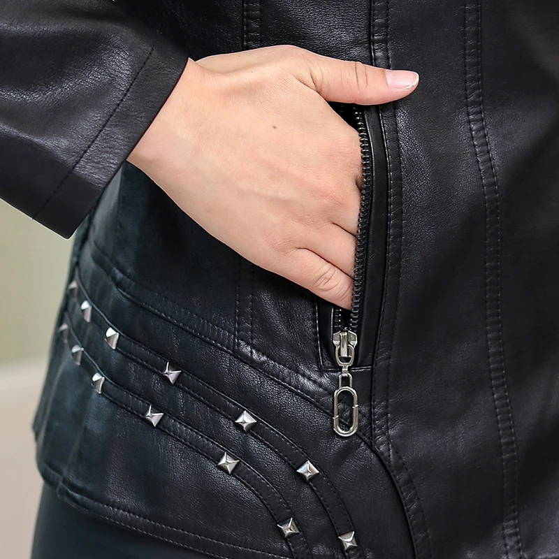 ASLTW XL-6XL плюс размер мотоциклетное кожаное пальто для женщин новая весенняя куртка на молнии с отложным воротником женские Куртки из искусственной кожи с заклепками