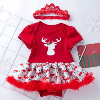 

Baby Girls New Baby Girls Clothing Sets Europea Style Deer head sticker Printed Rompers Veil Dress Girls Christmas Clothes