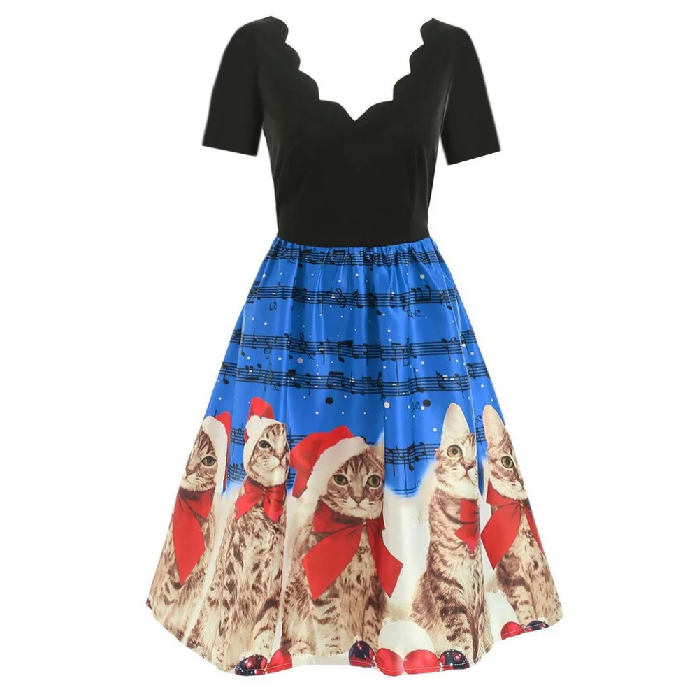 Новое Женское Платье на Рождество, зимнее, с длинными рукавами, рождественское, с принтом в виде нот, винтажное, расклешенное платье, vestidos de verano# guahao - Цвет: Blue
