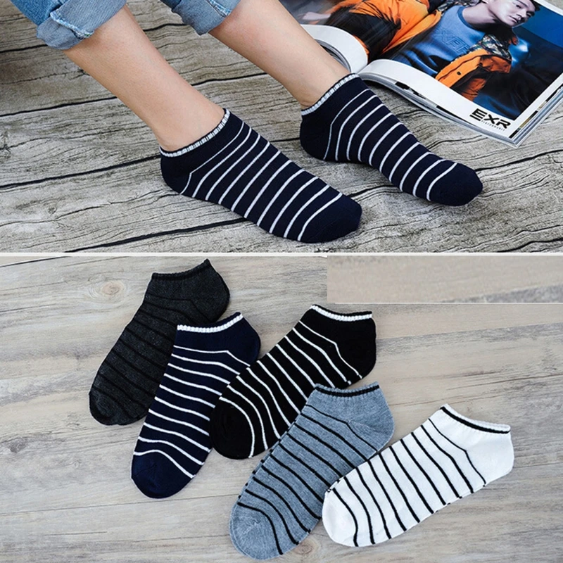 5 Pairs Comfortable Striped Men Unisex Short Ankle Socks Crew Low Cut Invisible