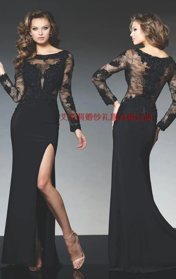 

new arrival long sleeves lace appliques Formal Evening gown 2015 hot sexy black sheath party evening Dress elegant vestidos