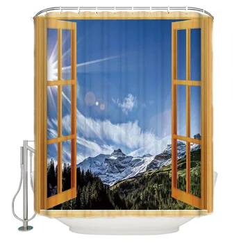 

Creative Window Views Of Majestic Mountains Shower Curtain Decor with Hooks Waterproof