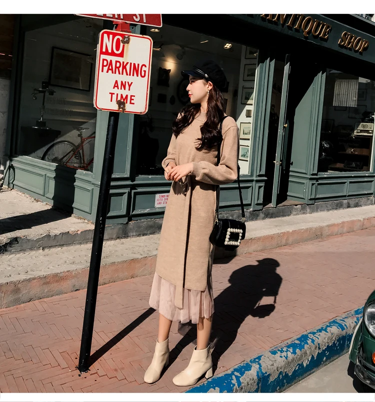 Женское осенне-зимнее длинное платье-свитер Сетчатое лоскутное женское трикотажное платье с длинным рукавом однотонное Повседневное платье для работы Pull Femme