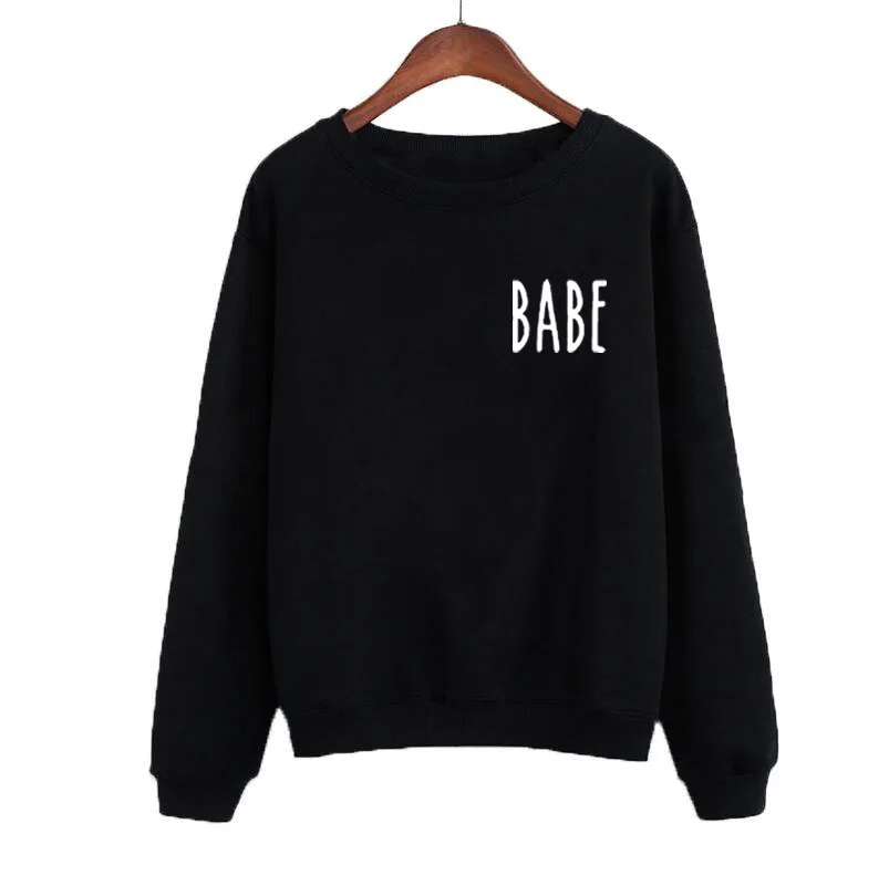 Women Hoodies Fleece Hoodies Crewneck Pullovers Black White Sweatshirt Moletom BABE Print Pocket hoodies Autumn